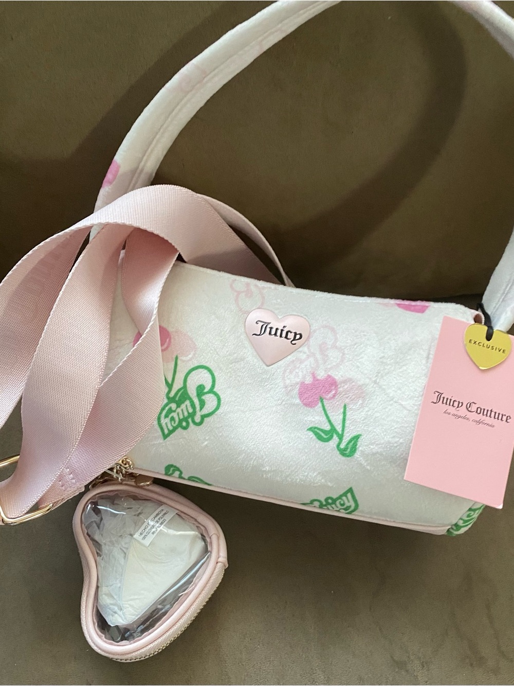 Juicy Couture Pink and White Floral Shoulder Bag with Heart Charm